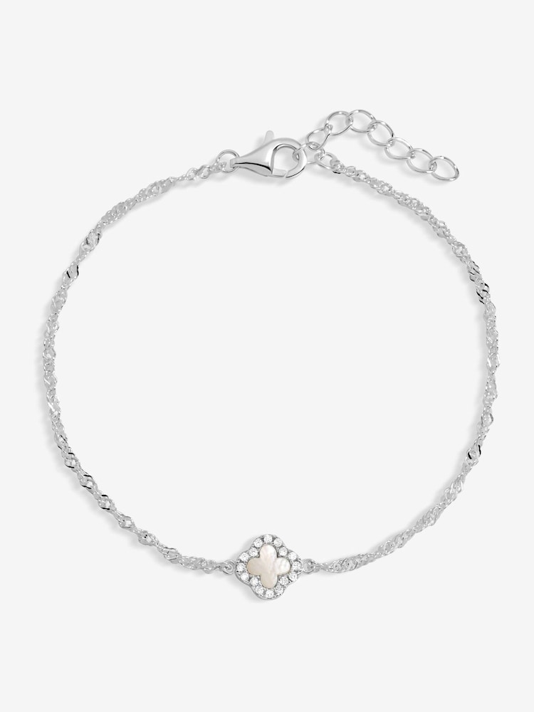 Simply Silver 925 Sterling Silver Pave And Mother Of Pearl Clover Bracelet - Gift Pouch - Image 1 of 1