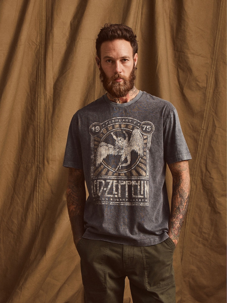 Grey Acid Wash Led Zeppelin Regular Fit 100% Cotton Band Graphic T-Shirt - Image 1 of 5