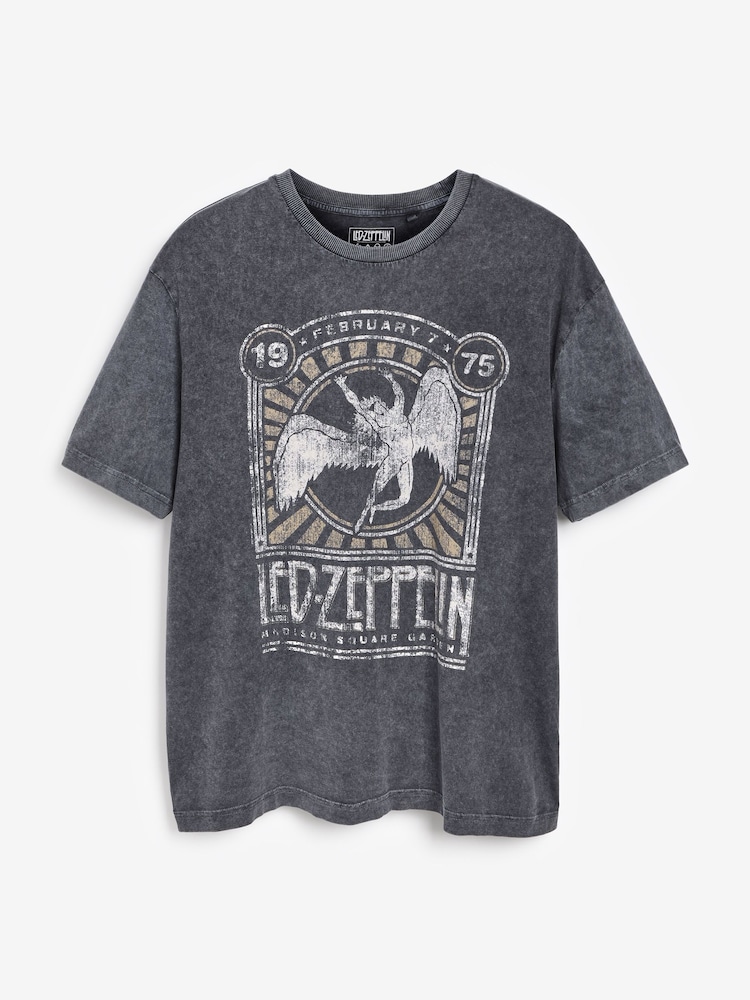 Grey Acid Wash Led Zeppelin Regular Fit 100% Cotton Band Graphic T-Shirt - Image 5 of 5