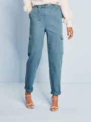 Petrolblau - Twill-Cargohose mit Gürtel - Bild 1 von 4