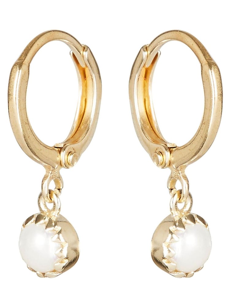 Oliver Bonas White Round Pearl Drop Alula Gold Plated Huggie Earrings - Image 1 of 5