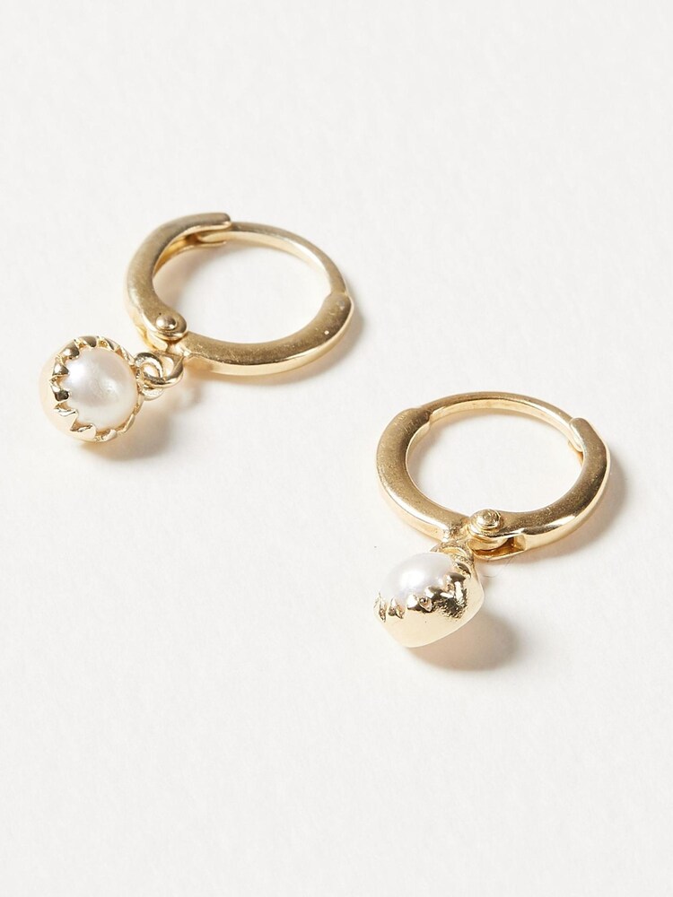 Oliver Bonas White Round Pearl Drop Alula Gold Plated Huggie Earrings - Image 2 of 5 Oliver Bonas White Round Pearl Drop Alula Gold Plated Huggie Earrings - Image 2 of 5