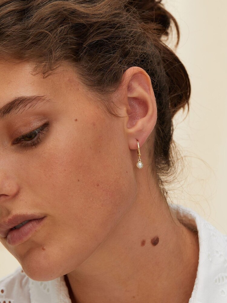Oliver Bonas White Round Pearl Drop Alula Gold Plated Huggie Earrings - Image 5 of 5
