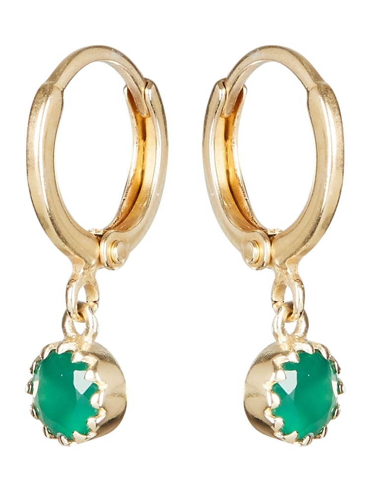 Oliver Bonas Green Alula Round Onyx Drop Gold Plated Huggie Earrings - Image 1 of 5