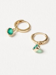Oliver Bonas Green Alula Round Onyx Drop Gold Plated Huggie Earrings - Image 2 of 5