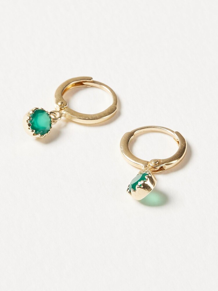 Oliver Bonas Green Alula Round Onyx Drop Gold Plated Huggie Earrings - Image 2 of 5