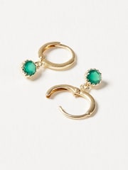 Oliver Bonas Green Alula Round Onyx Drop Gold Plated Huggie Earrings - Image 3 of 5