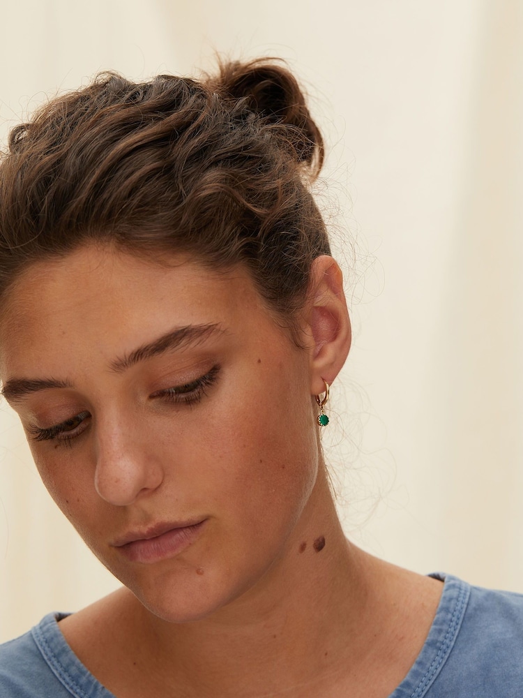 Oliver Bonas Green Alula Round Onyx Drop Gold Plated Huggie Earrings - Image 5 of 5 Oliver Bonas Green Alula Round Onyx Drop Gold Plated Huggie Earrings - Image 5 of 5