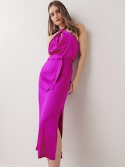 Pink Satin Halter Neck Midi Dress - Image 1 of 5
