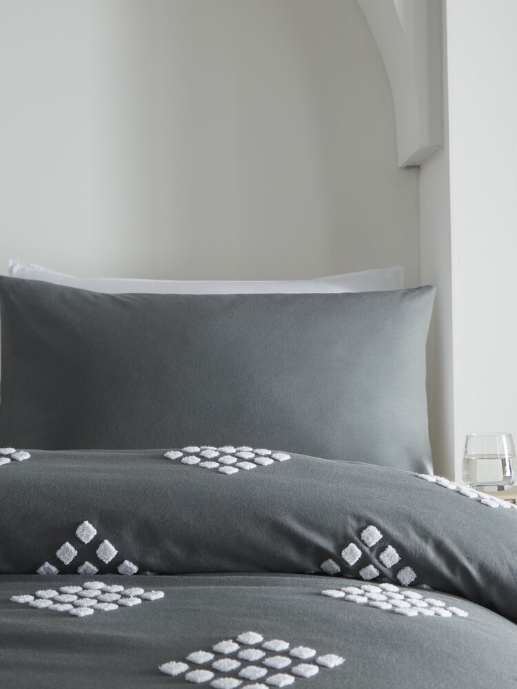 Appletree Slate Grey Diamond Tuft 100% Cotton Duvet Cover and Pillowcase Set - Image 2 of 4