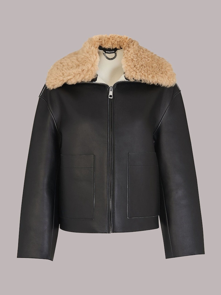 Whistles Black Bonded Shearling Collar Jacket - Image 5 of 5