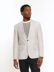 River Island Grey Linen Single Breasted Slim Fit Suit Jacket - Image 1 of 5