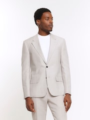 River Island Grey Linen Single Breasted Slim Fit Suit Jacket - Image 2 of 5