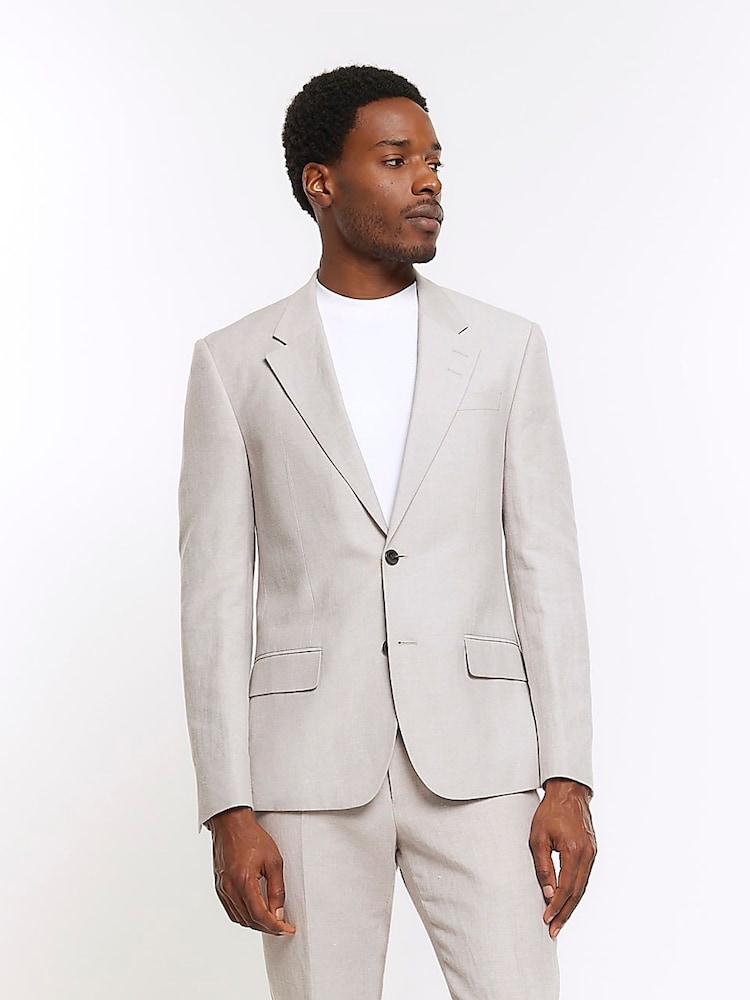 River Island Grey Linen Single Breasted Slim Fit Suit Jacket - Image 2 of 5