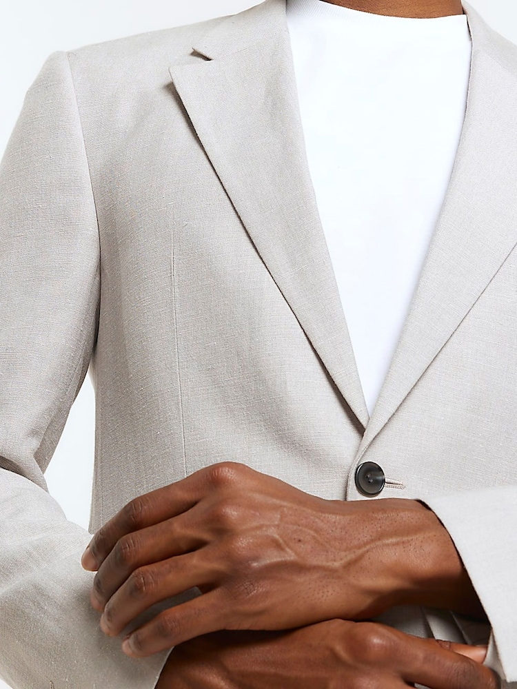 River Island Grey Linen Single Breasted Slim Fit Suit Jacket - Image 5 of 5
