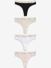 Cream/Black/Pink/White Thong Cotton Rich Logo Knickers 4 Pack - Image 1 of 9