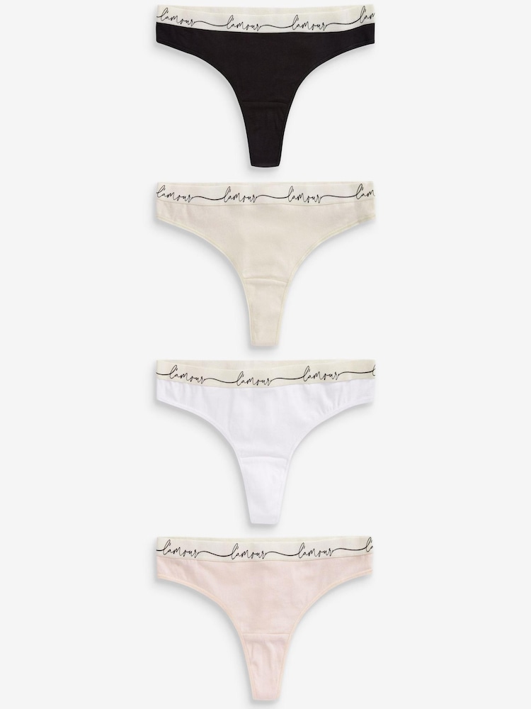 Cream/Black/Pink/White Thong Cotton Rich Logo Knickers 4 Pack - Image 1 of 9