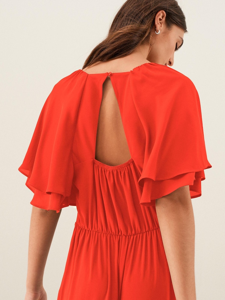 Red Flute Sleeve V-Neck Jumpsuit - Image 5 of 5 Red Flute Sleeve V-Neck Jumpsuit - Image 5 of 5