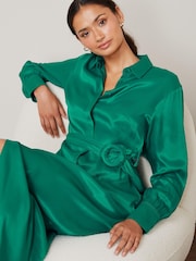 Bright Green Satin Belted Midi Dress - Image 4 of 5