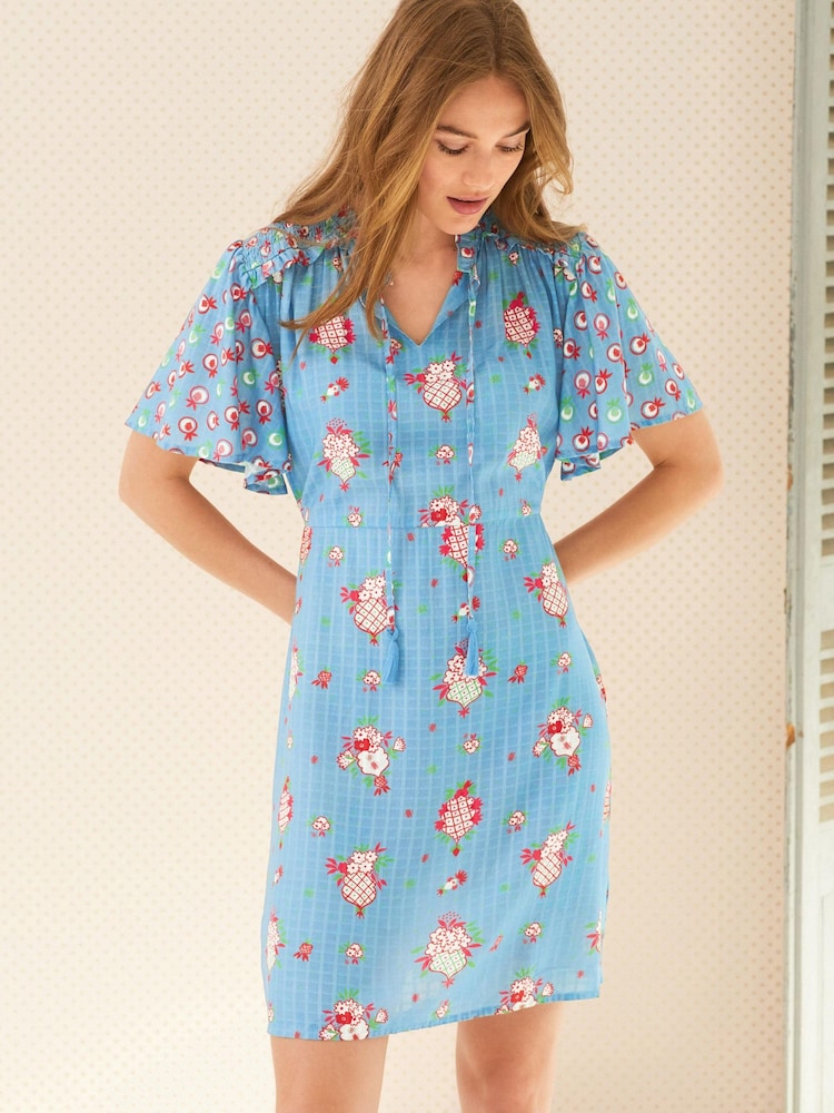 Celia Birtwell Blue Print Angel Sleeve Summer Tea Dress - Image 2 of 5 Celia Birtwell Blue Print Angel Sleeve Summer Tea Dress - Image 2 of 5