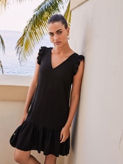 Black Ruffle Sleeve Tie Back Mini Dress With Linen - Image 1 of 4