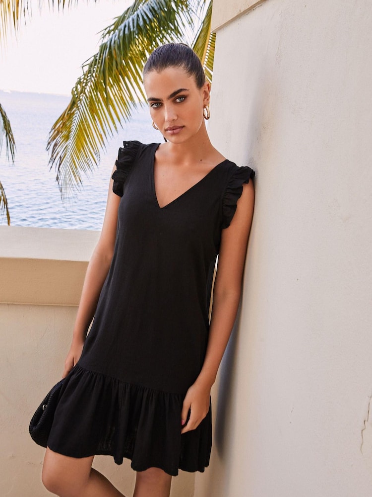 Black Ruffle Sleeve Tie Back Mini Dress With Linen - Image 1 of 4