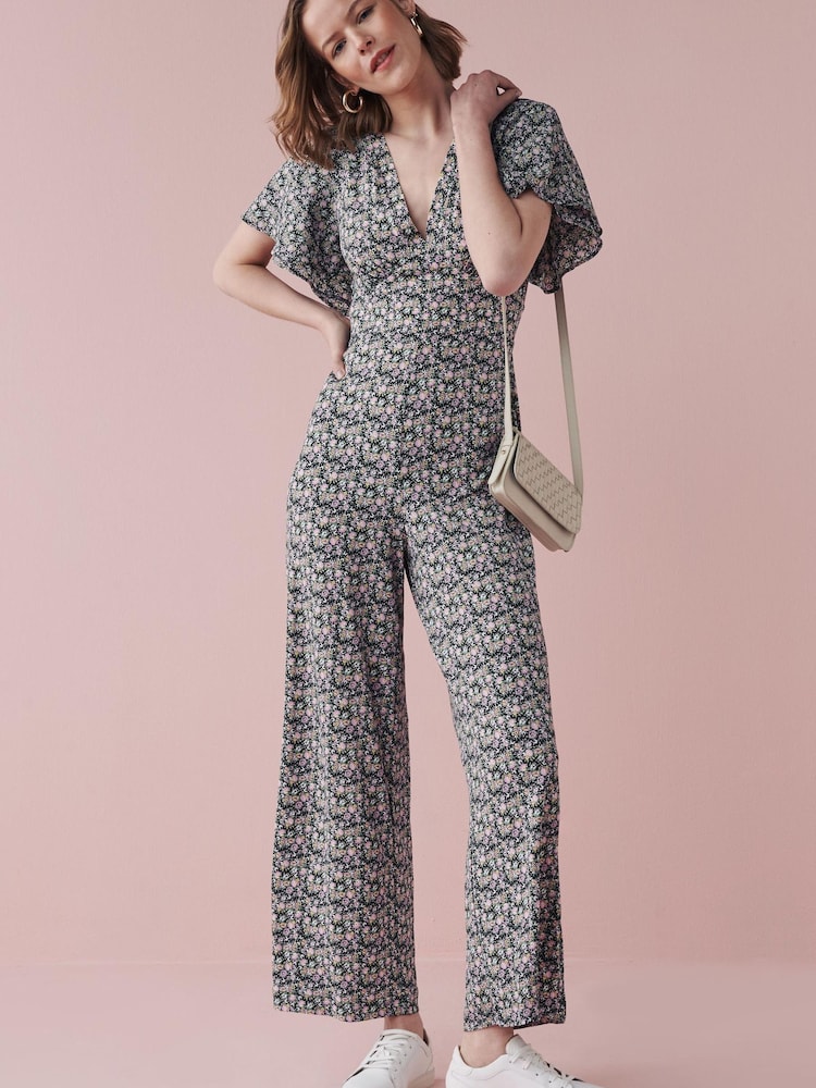 Lilac Purple Ditsy Floral Flute Sleeve V-Neck Jumpsuit - Image 1 of 3