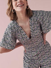 Lilac Purple Ditsy Floral Flute Sleeve V-Neck Jumpsuit - Image 2 of 3