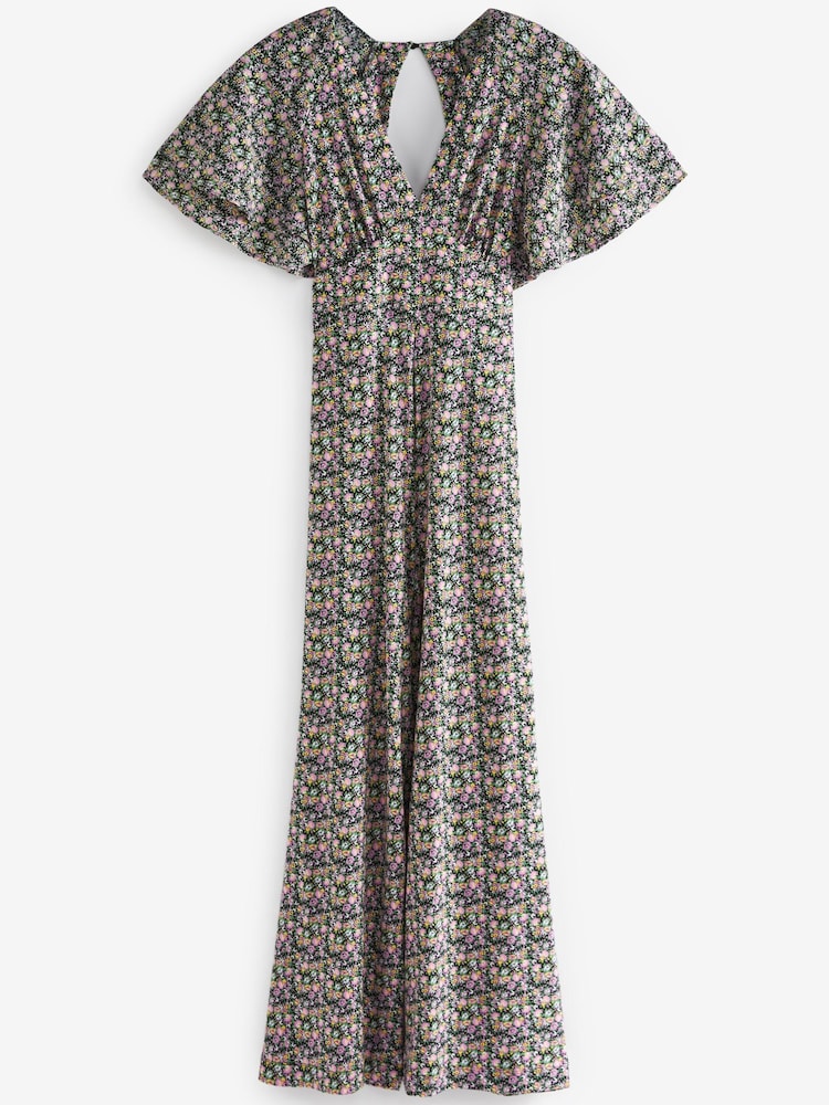 Lilac Purple Ditsy Floral Flute Sleeve V-Neck Jumpsuit - Image 3 of 3
