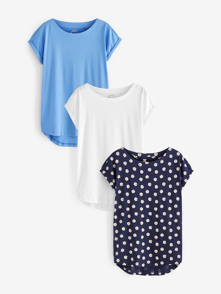Weiß/Blau/Gänseblümchenmuster - T-Shirts aus 100 % Baumwolle mit Flügelärmeln, 3er-Pack - Bild 1 von 10 Weiß/Blau/Gänseblümchenmuster - T-Shirts aus 100 % Baumwolle mit Flügelärmeln, 3er-Pack - Bild 1 von 10