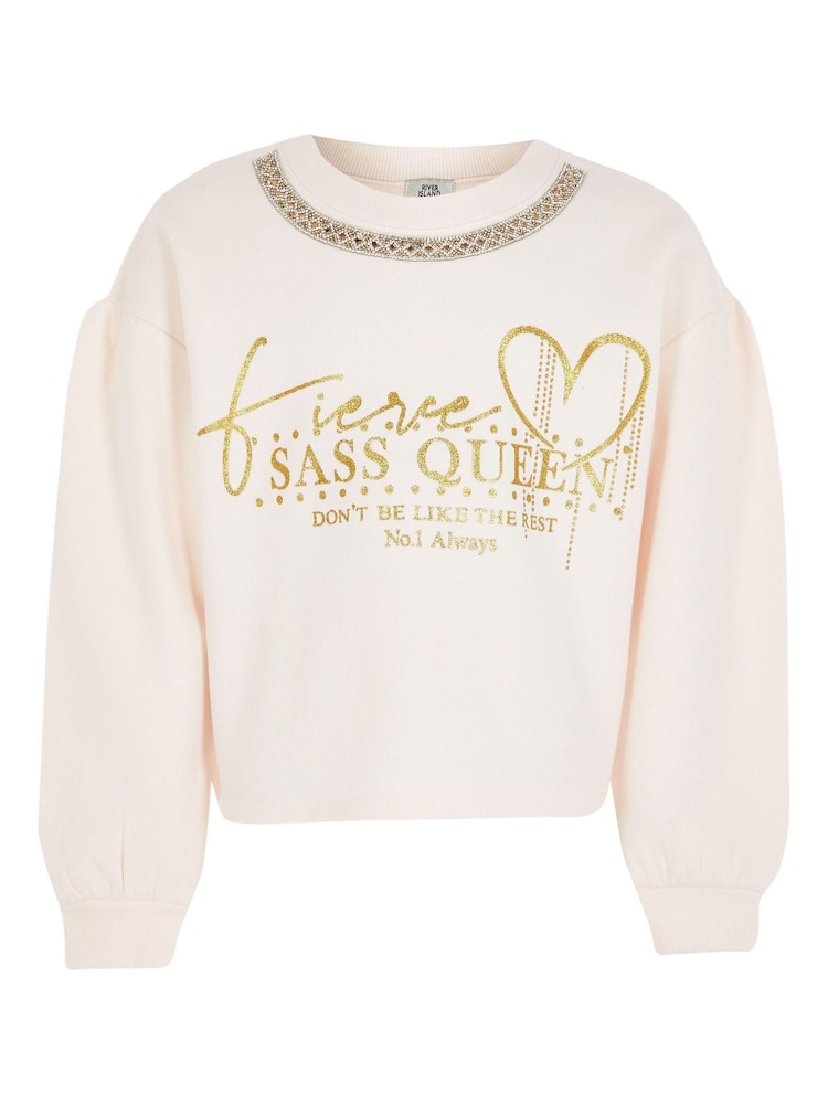 River Island Mini Filles Sass Queen 100% Coton Sweat Top - Image 1 of 3