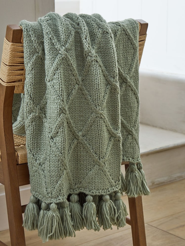 Sage Green Chunky Cable Knit Throw - Image 1 of 4