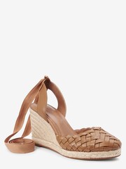 Camel Brown Forever Comfort® Woven Leather Ankle Wrap Wedges - Image 3 of 6