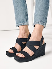 Black Regular/Wide Fit Forever Comfort® Elasticated Cross-Over Espadrille Wedges - Image 1 of 6