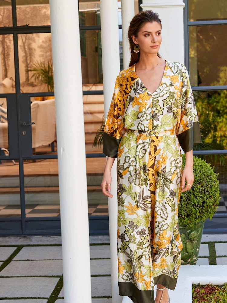 Khaki Green/Yellow Satin Printed Wide Leg Trousers - Image 1 of 4 Khaki Green/Yellow Satin Printed Wide Leg Trousers - Image 1 of 4