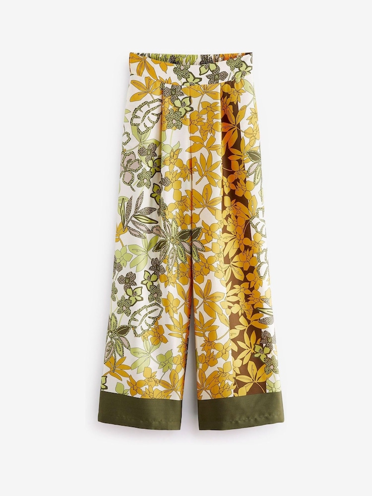 Khaki Green/Yellow Satin Printed Wide Leg Trousers - Image 4 of 4 Khaki Green/Yellow Satin Printed Wide Leg Trousers - Image 4 of 4