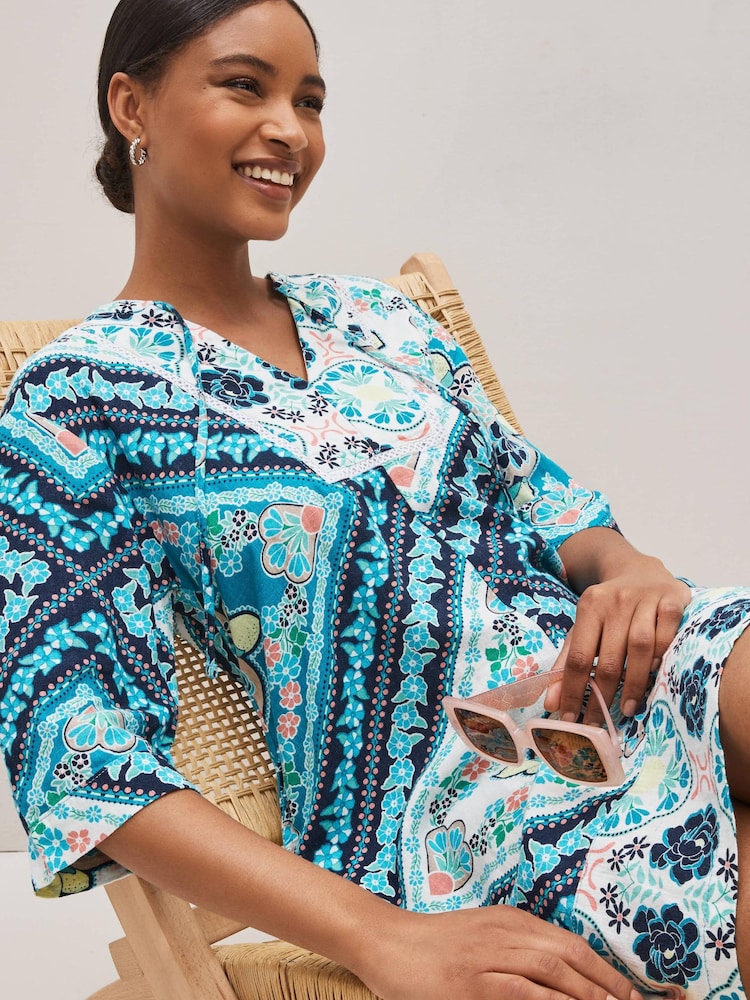 Impression d'écharpe bleue - Robe Kaftan en lin - Image 2 of 5