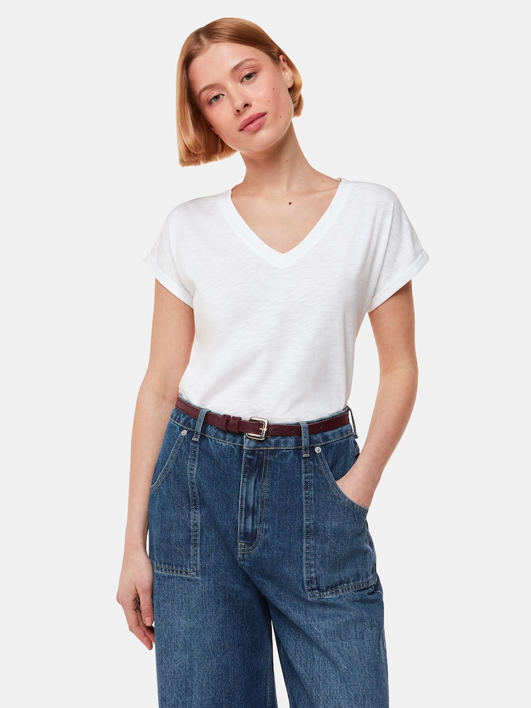 Whistles White V-Neck Willa Cap Sleeve 100% Cotton T-Shirt - Image 1 of 5