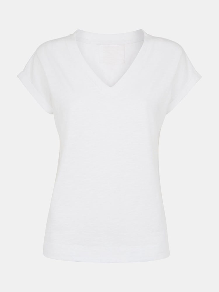 Whistles White V-Neck Willa Cap Sleeve 100% Cotton T-Shirt - Image 5 of 5
