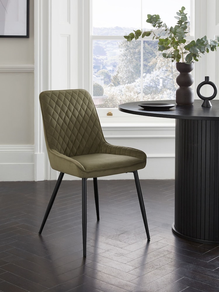 Set of 2 Soft Velvet Dark Sage Green Hamilton Black Leg Quilted Dining Chairs - Image 1 of 9