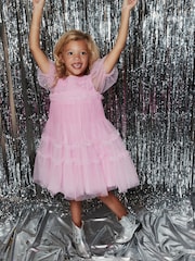 Pink Tulle Mesh Puff Sleeve Occasion Party Dress (3-16yrs) - Image 5 of 9
