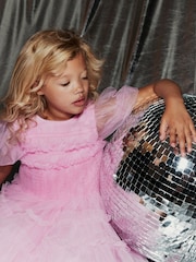 Pink Tulle Mesh Puff Sleeve Occasion Party Dress (3-16yrs) - Image 6 of 9