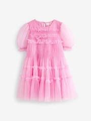 Pink Tulle Mesh Puff Sleeve Occasion Party Dress (3-16yrs) - Image 7 of 9