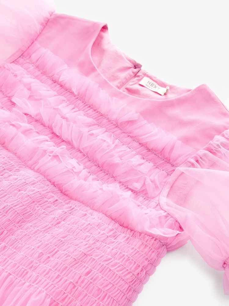 Pink Tulle Mesh Puff Sleeve Occasion Party Dress (3-16yrs) - Image 9 of 9 Pink Tulle Mesh Puff Sleeve Occasion Party Dress (3-16yrs) - Image 9 of 9