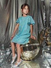 Aqua Blue Sequin Sparkle Sequin Party Dress (3-16yrs) - Image 1 of 6