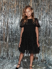 Black Animal Tulle Mesh Puff Sleeve Occasion Party Dress (3-16yrs) - Image 1 of 6