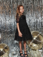 Black Animal Tulle Mesh Puff Sleeve Occasion Party Dress (3-16yrs) - Image 2 of 6