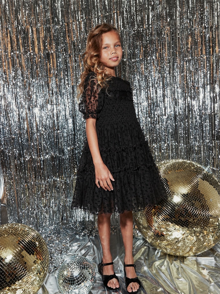 Black Animal Tulle Mesh Puff Sleeve Occasion Party Dress (3-16yrs) - Image 2 of 6