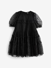 Black Animal Tulle Mesh Puff Sleeve Occasion Party Dress (3-16yrs) - Image 4 of 6