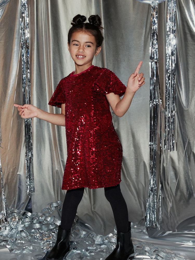 Red Velour Sequin Party Dress (3-16yrs) - Image 1 of 5 Red Velour Sequin Party Dress (3-16yrs) - Image 1 of 5